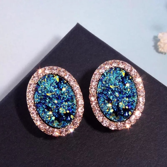 Oval Blue Druzy Cubic Zirconia Round Gold Earrings - Picture 5 of 8